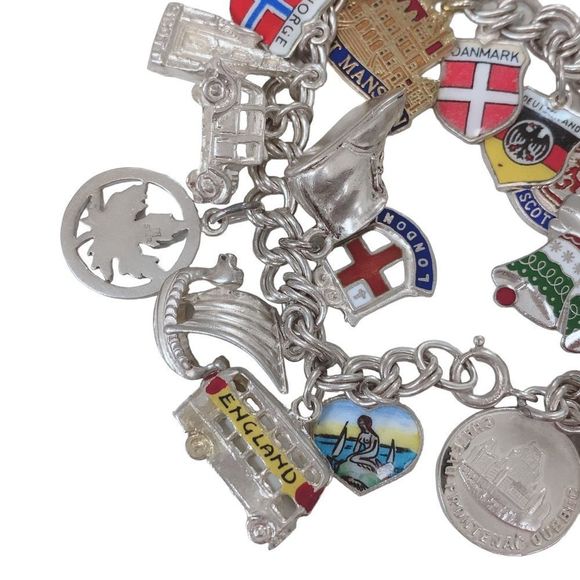 10664.Jpg W/ 26 Charms- sterling silver chain link boho charm bracelet